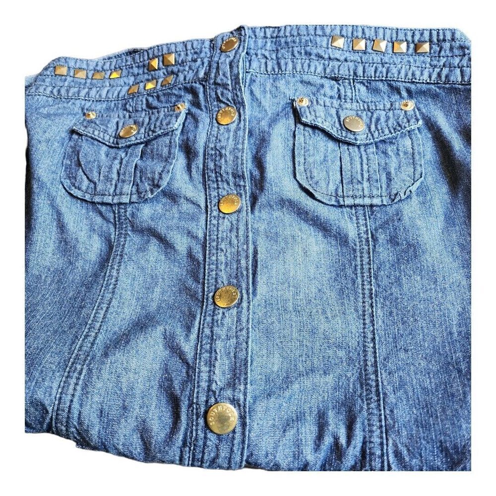 Womens Southpole Blue‎ Denim Romper Jumper Sz Medium Gold Sequin Y2K Shorts Logo - Picture 12 of 13